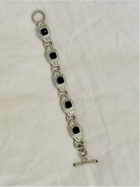 Judith Ripka 925 Sterling Silver Faceted Black Onyx Diamonique Link Bracelet